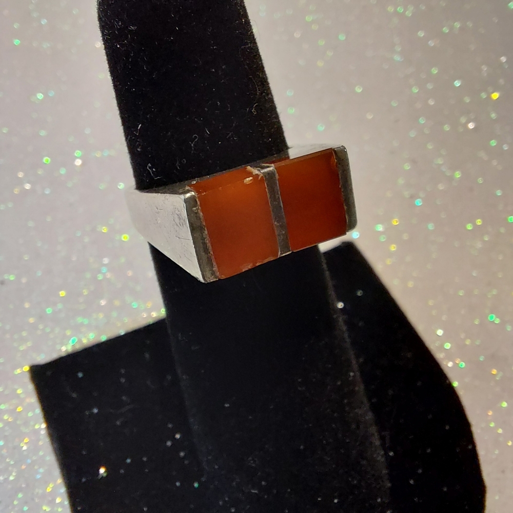 VTG Modernist Carnelian Agate Ring, Sterling Silver, Size 5, Estate Ring